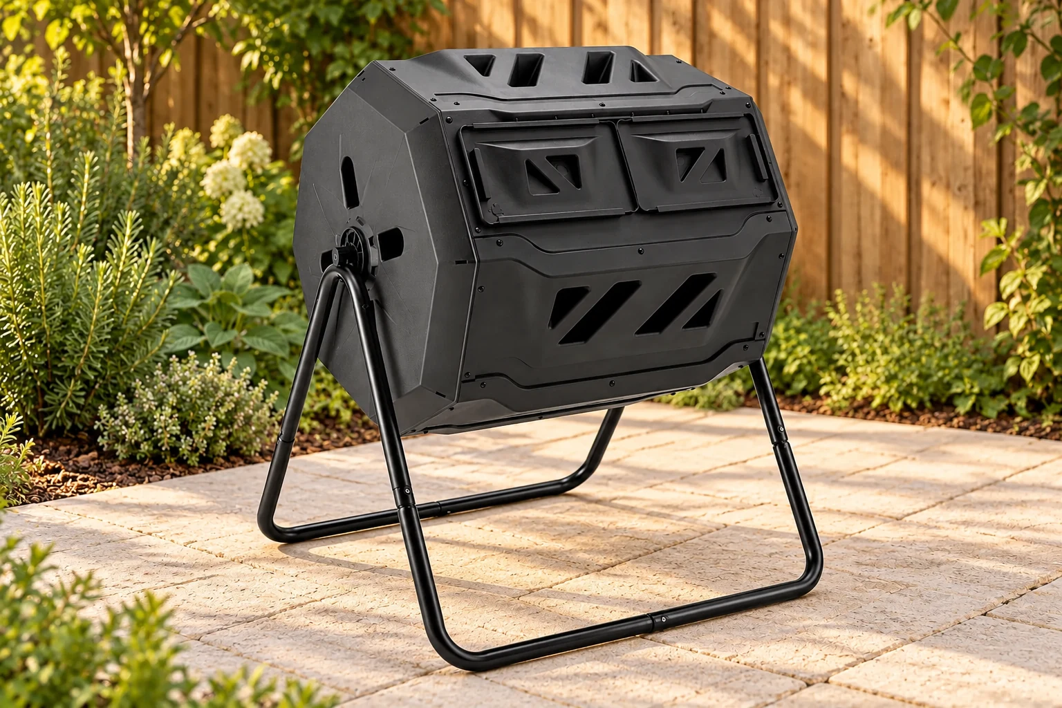 Dual-Chamber Compost Tumbler, model 436, in a backyard setting — AI-generated scene illustration