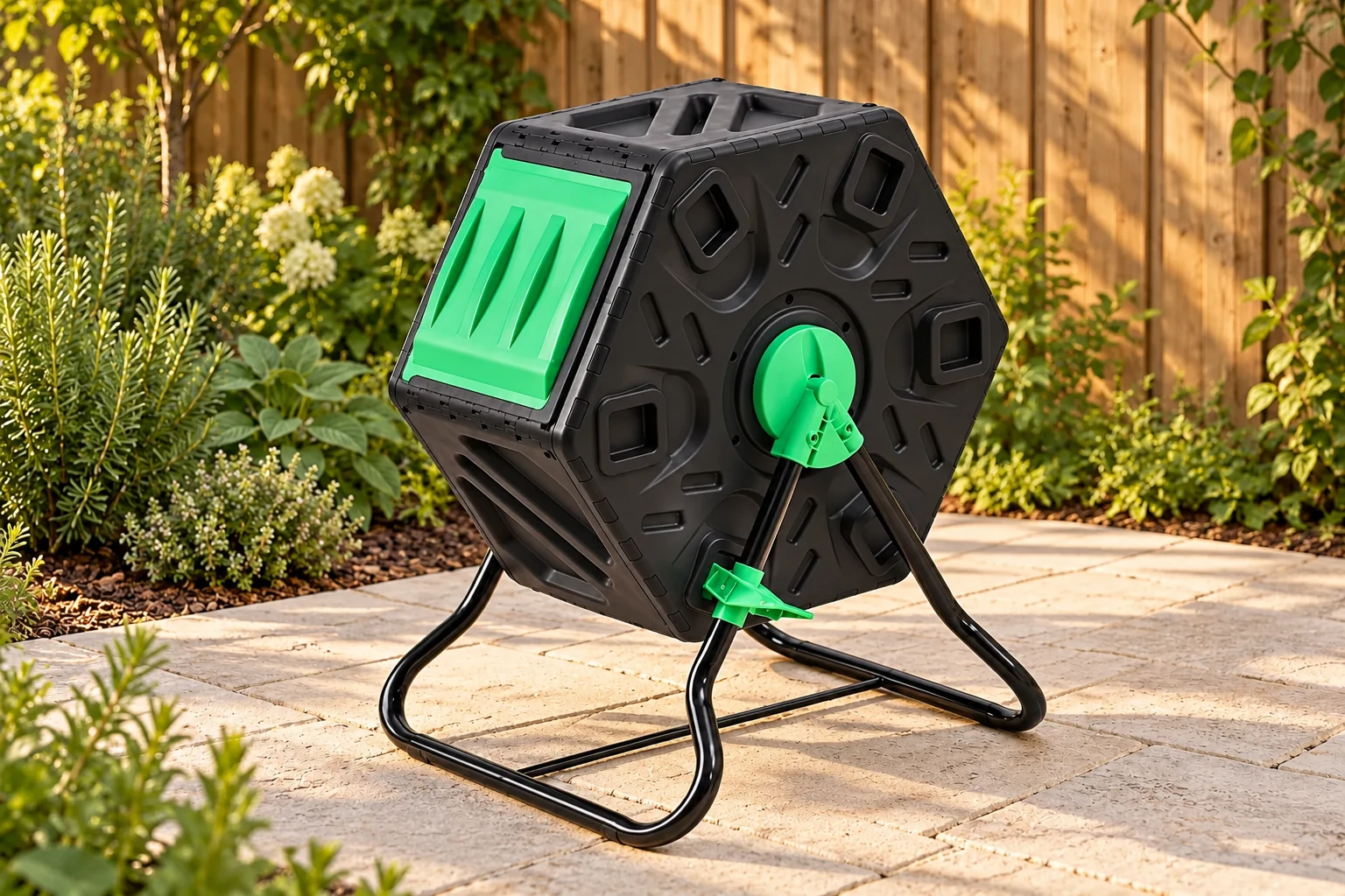 Compact Compost Tumbler, model 436B1, in a backyard setting — AI-generated scene illustration