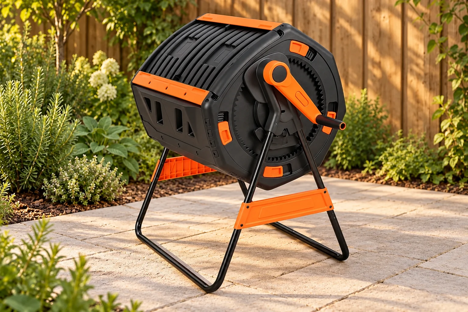 Crank-Handle Compost Tumbler, model 436C, in a backyard setting — AI-generated scene illustration