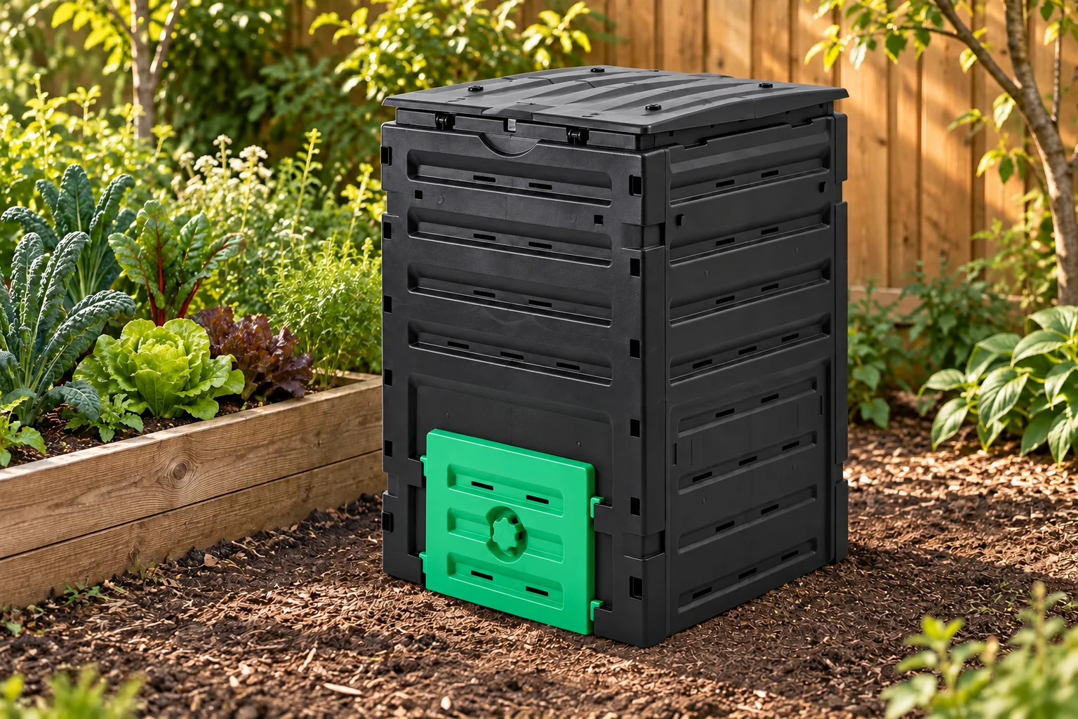 Large Upright Compost Bin, model 431B, in a backyard setting — AI-generated scene illustration