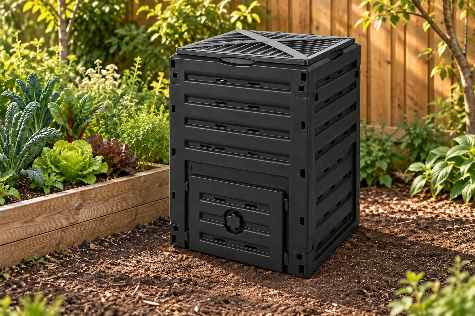 Ventilated Compost Bin, model 431C, in a backyard setting — AI-generated scene illustration