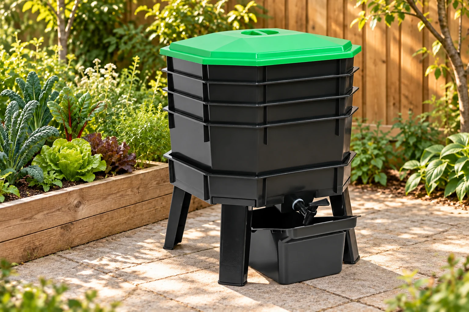 Stackable Worm Farm, model 484, in a backyard setting — AI-generated scene illustration