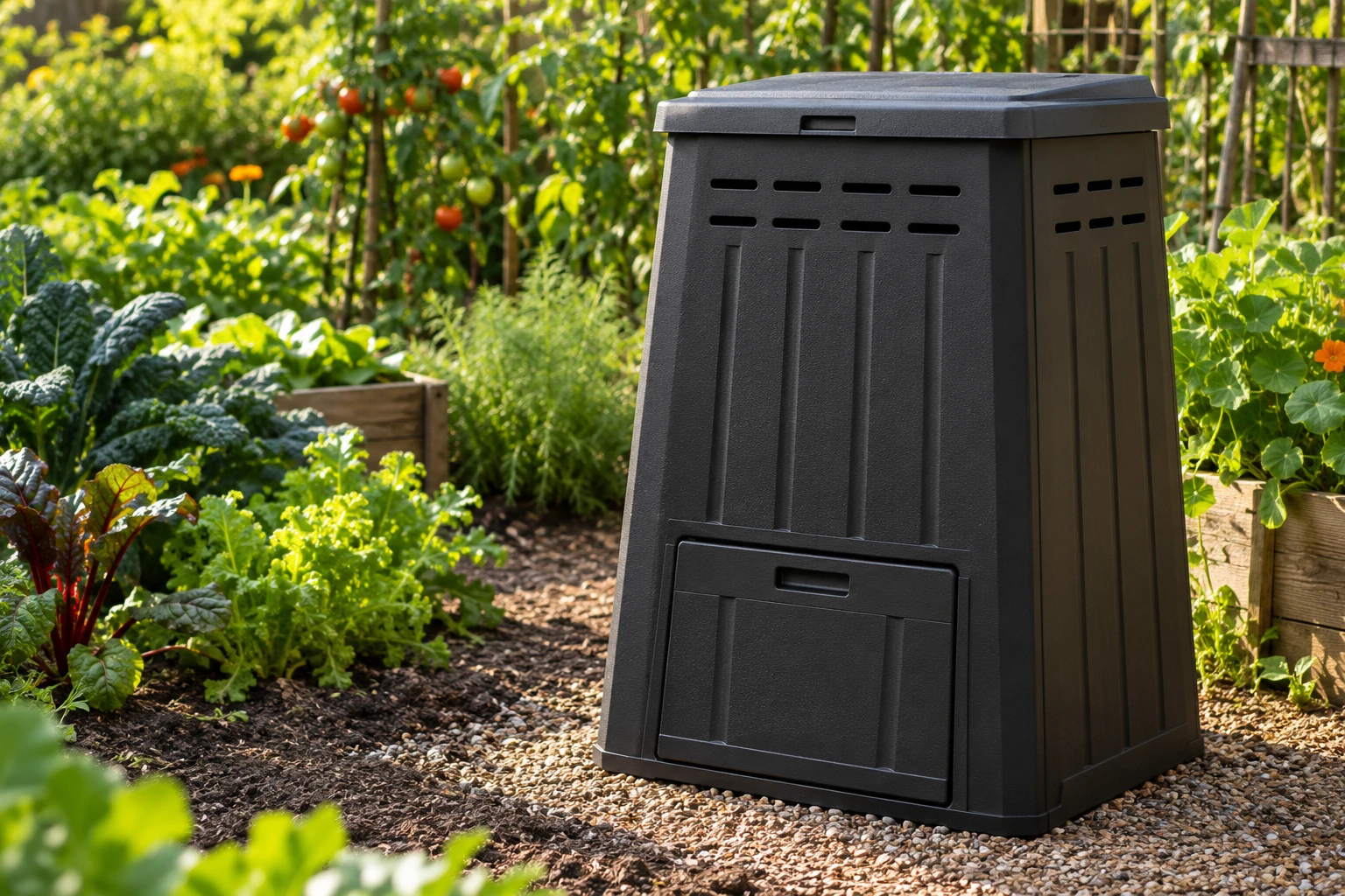 An upright compost bin in a sunlit vegetable garden — product concept image
