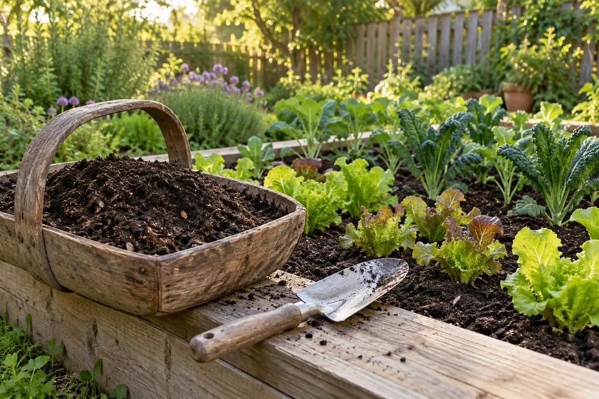 A wooden trug of mature compost and a garden trowel beside lettuce and kale in a raised vegetable bed.