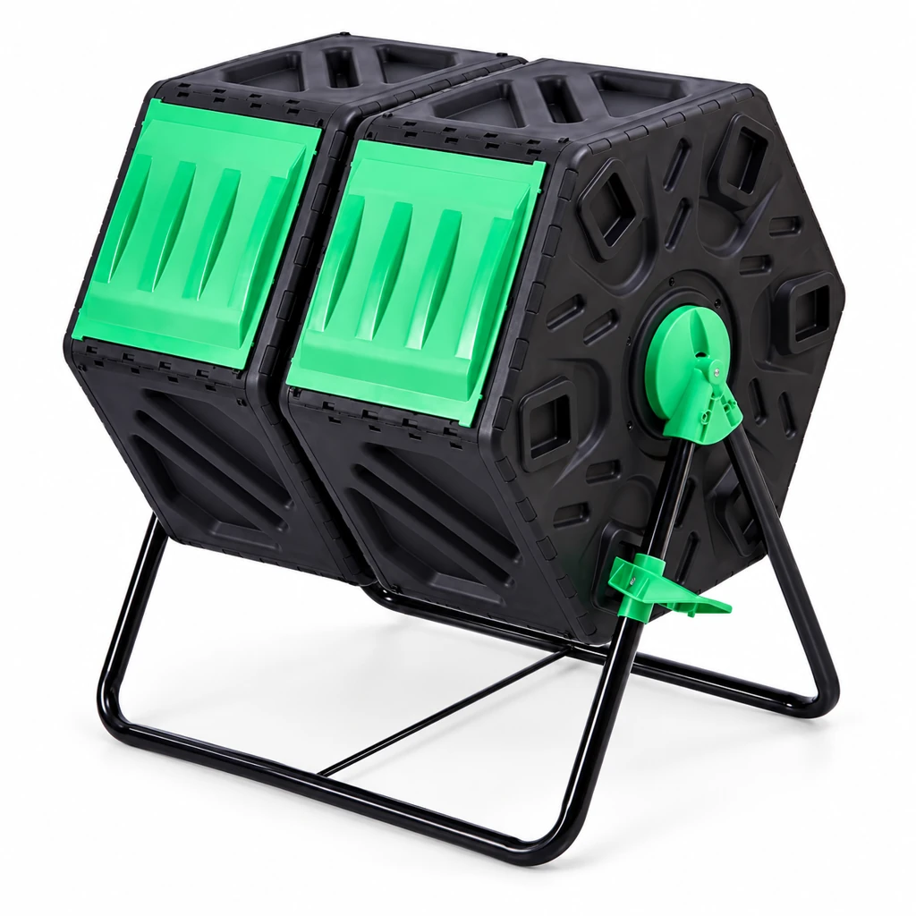 Twin-Chamber Compost Tumbler, model 436B2, Black / Green — AI-generated reference-based display