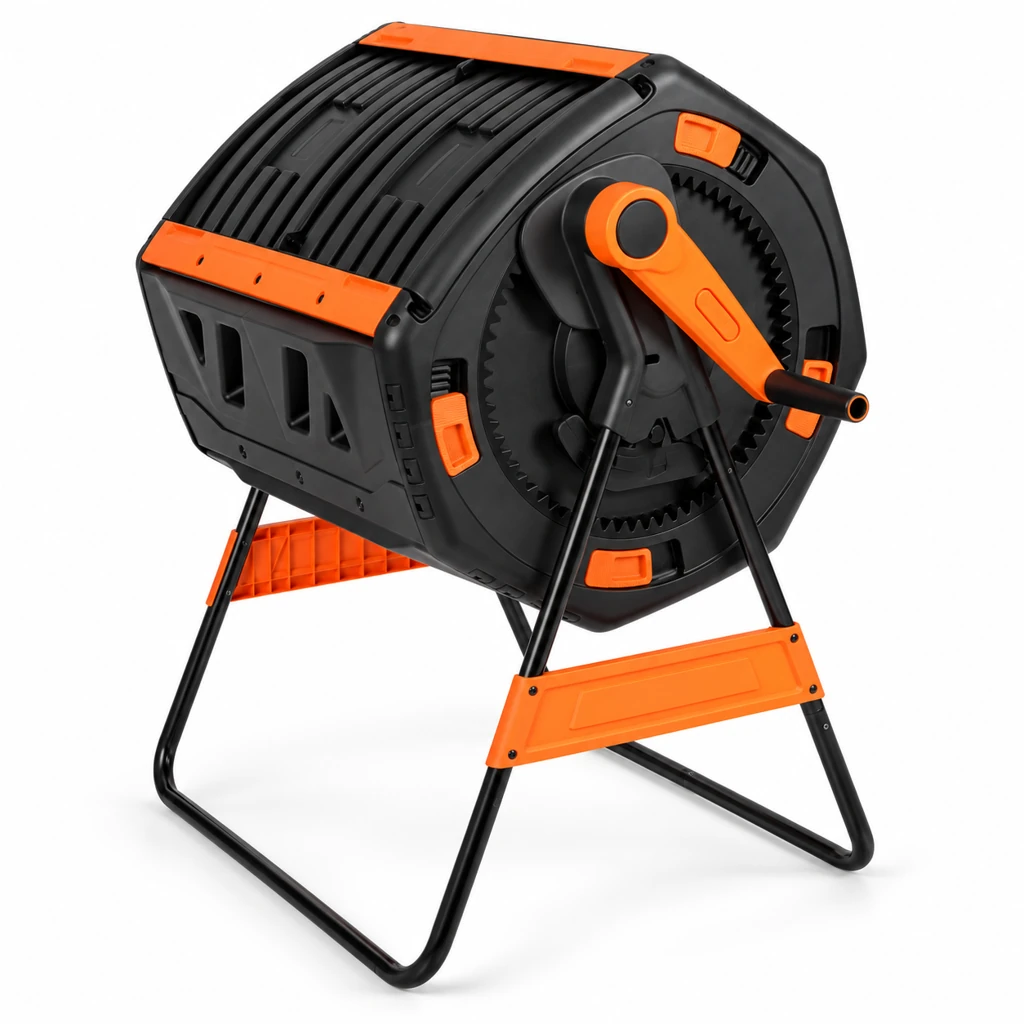 Crank-Handle Compost Tumbler, model 436C, Black / Orange — AI-generated reference-based display