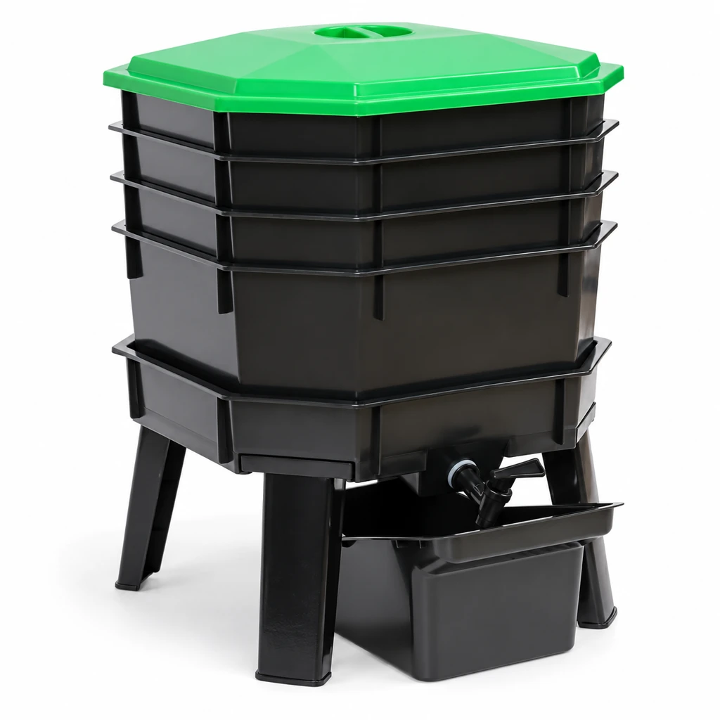 Stackable Worm Farm, model 484, Black / Green lid — AI-generated reference-based display