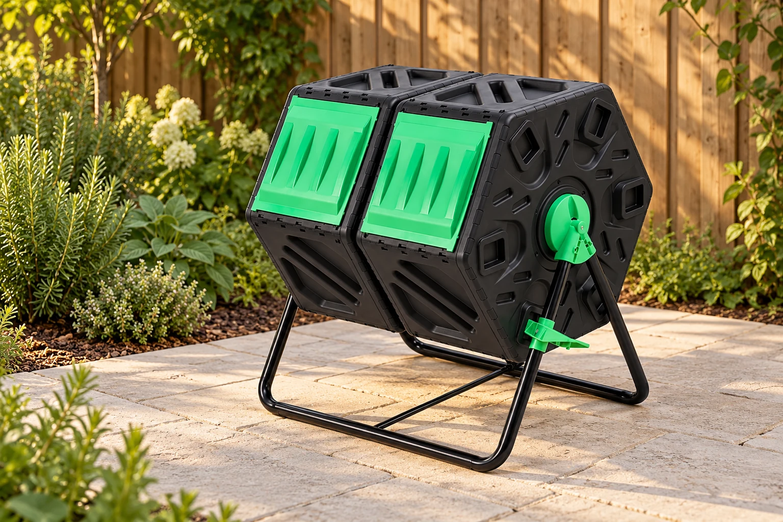 Twin-Chamber Compost Tumbler, model 436B2, in a backyard setting — AI-generated scene illustration