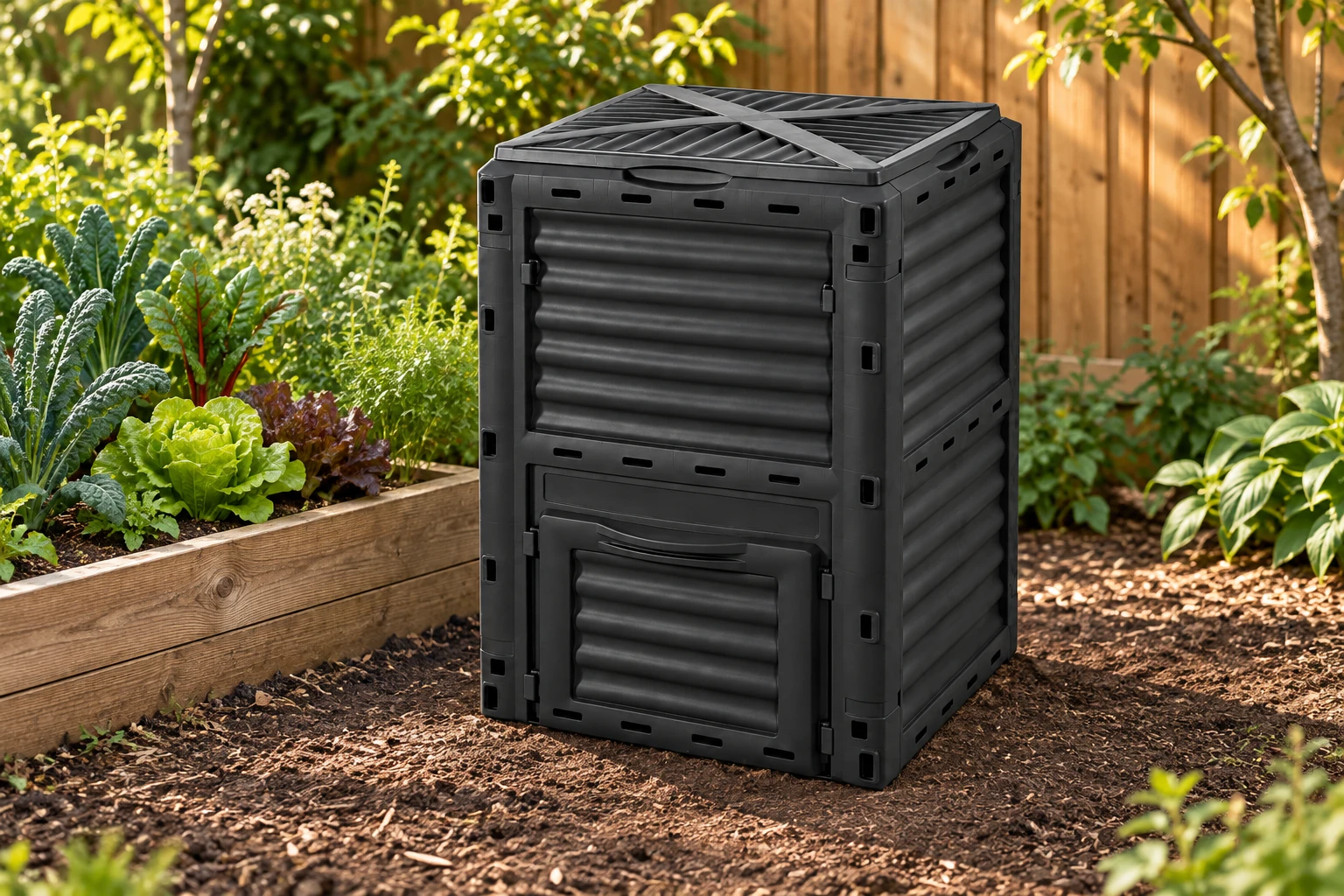 Upright Compost Bin, model 431, in a backyard setting — AI-generated scene illustration